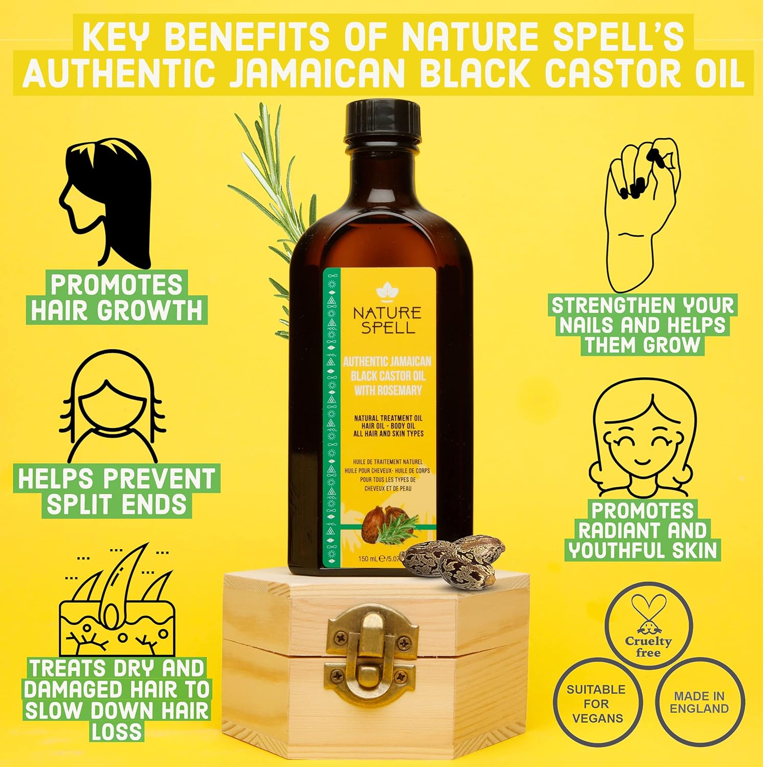 Nature Spell Authentic Jamaican Black Castor Oil with Rosemary for Hair & Body 150 ml